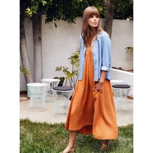 XiRENA Rust Midi Dress with Light Blue Shirt